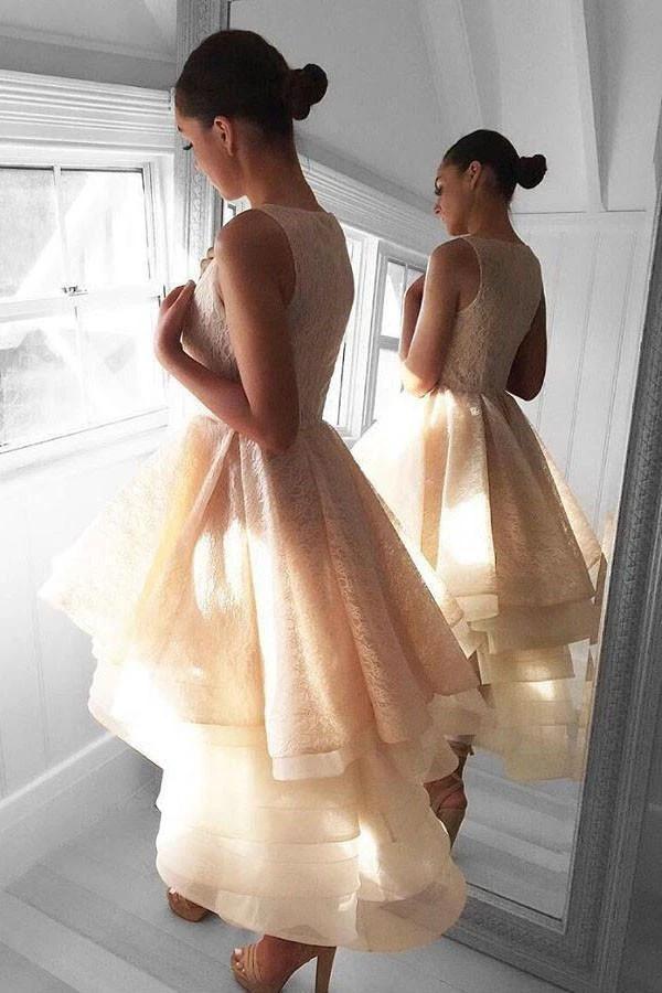 High Low Peach Lace Short Homecoming Dress Party Dresses PG142 by pgmdress