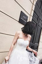 High Low Sweet Heart Tulle Beading Wedding Dresses With Court Train WD085 by pgmdress