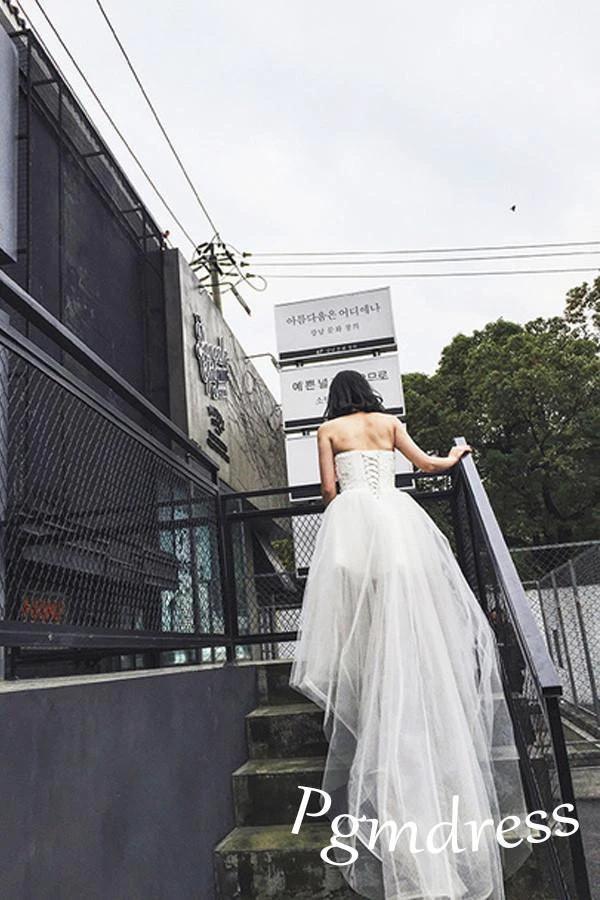High Low Sweet Heart Tulle Beading Wedding Dresses With Court Train WD085 by pgmdress