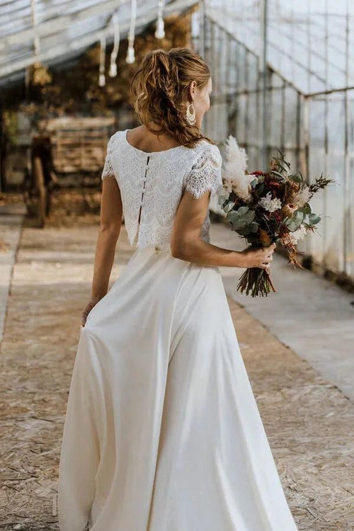 High Low Two Piece Satin Lace Wedding Dress with Sleeves by BIZTUNNEL