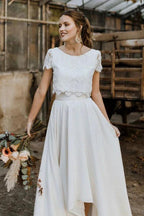 High Low Two Piece Satin Lace Wedding Dress with Sleeves by BIZTUNNEL