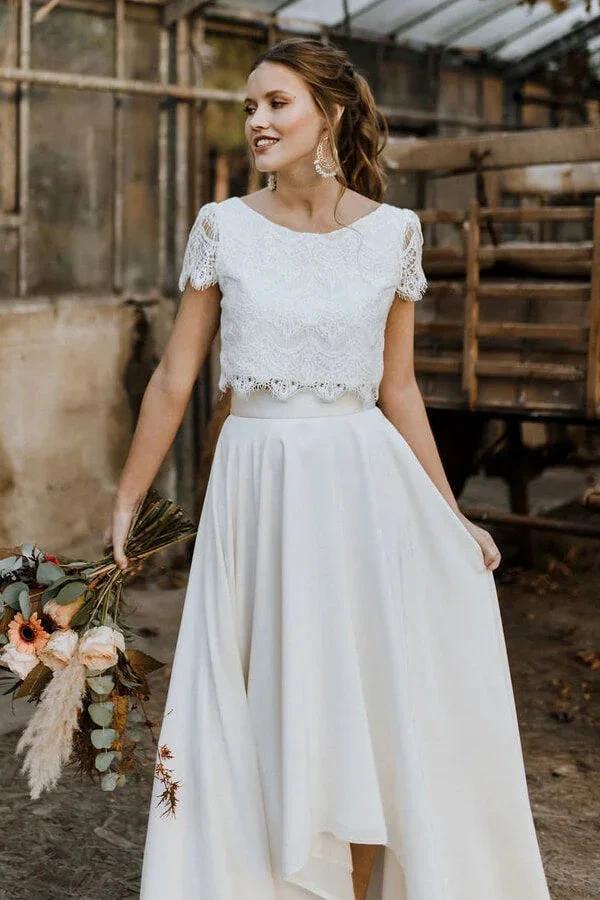 High Low Two Piece Satin Lace Wedding Dress with Sleeves by BIZTUNNEL