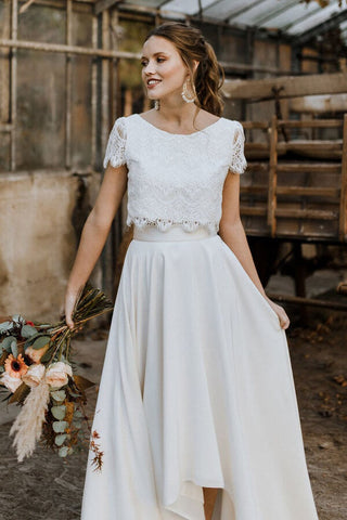 High Low Two Piece Satin Lace Wedding Dress with Sleeves