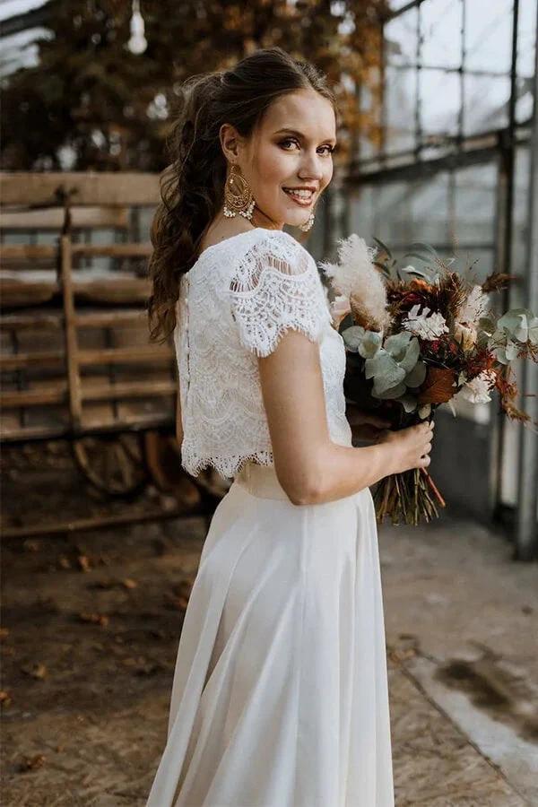 High Low Two Piece Satin Lace Wedding Dress with Sleeves by BIZTUNNEL