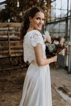 High Low Two Piece Satin Lace Wedding Dress with Sleeves by BIZTUNNEL