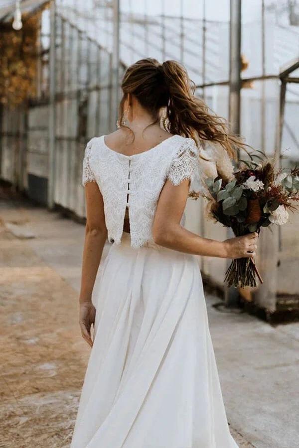 High Low Two Piece Satin Lace Wedding Dress with Sleeves by BIZTUNNEL