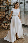 High Low Two Piece Satin Lace Wedding Dress with Sleeves by BIZTUNNEL