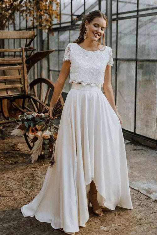 High Low Two Piece Satin Lace Wedding Dress with Sleeves by BIZTUNNEL