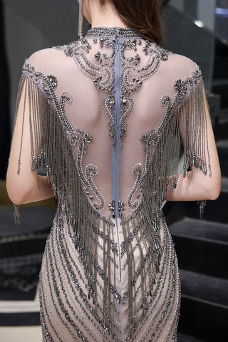 Vestidos de fiesta largos con cuello alto, mangas cortas y cuentas brillantes