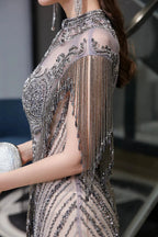High Neck Cap sleeves Sparkle Beads Long Prom Dresses by BIZTUNNEL