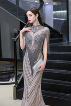 High Neck Cap sleeves Sparkle Beads Long Prom Dresses by BIZTUNNEL