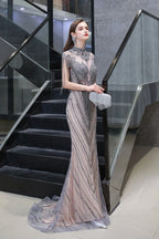 High Neck Cap sleeves Sparkle Beads Long Prom Dresses by BIZTUNNEL