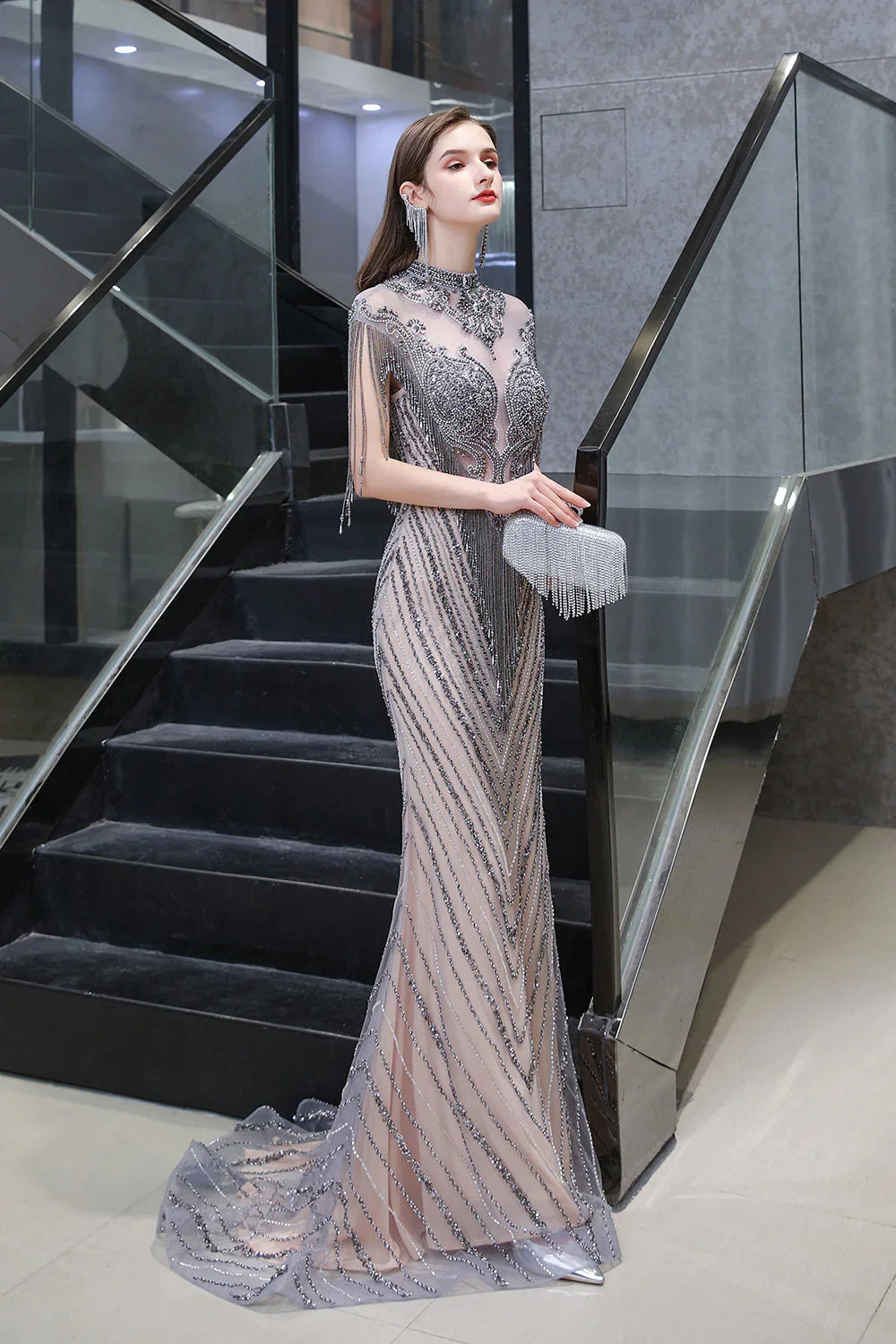 High Neck Cap sleeves Sparkle Beads Long Prom Dresses by BIZTUNNEL