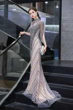 High Neck Cap sleeves Sparkle Beads Long Prom Dresses by BIZTUNNEL