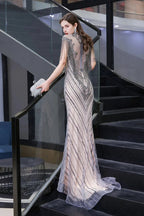 High Neck Cap sleeves Sparkle Beads Long Prom Dresses by BIZTUNNEL