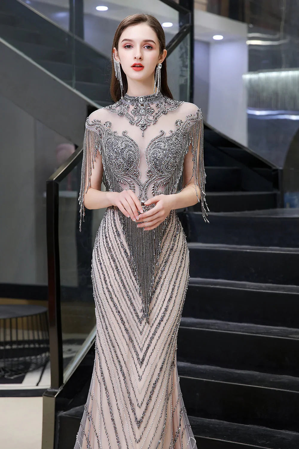 High Neck Cap sleeves Sparkle Beads Long Prom Dresses by BIZTUNNEL