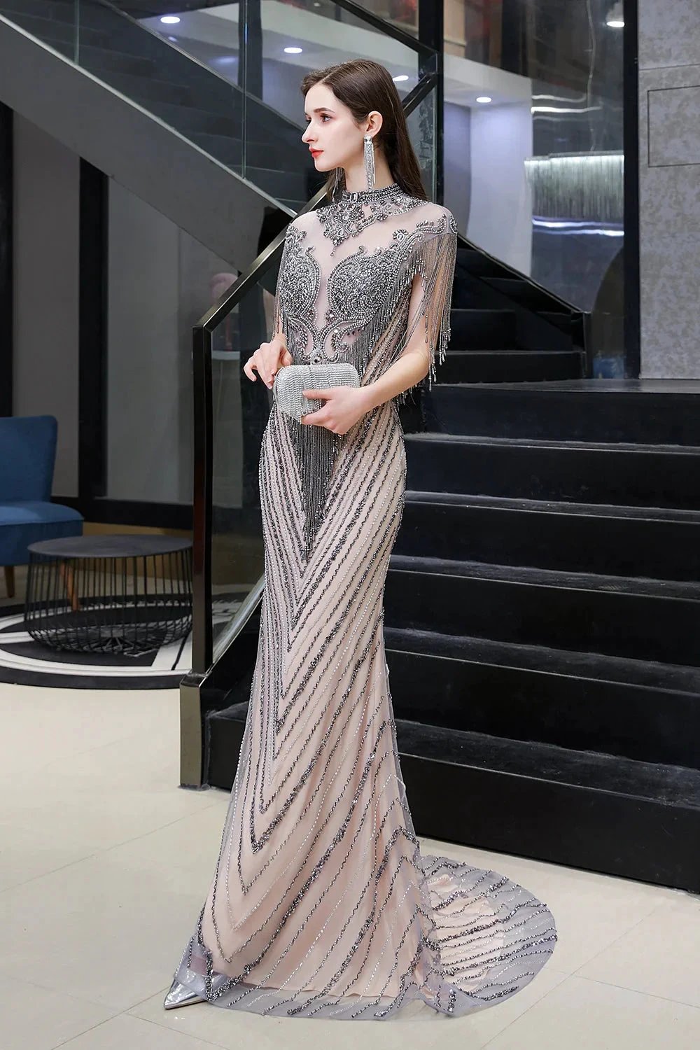 High Neck Cap sleeves Sparkle Beads Long Prom Dresses by BIZTUNNEL