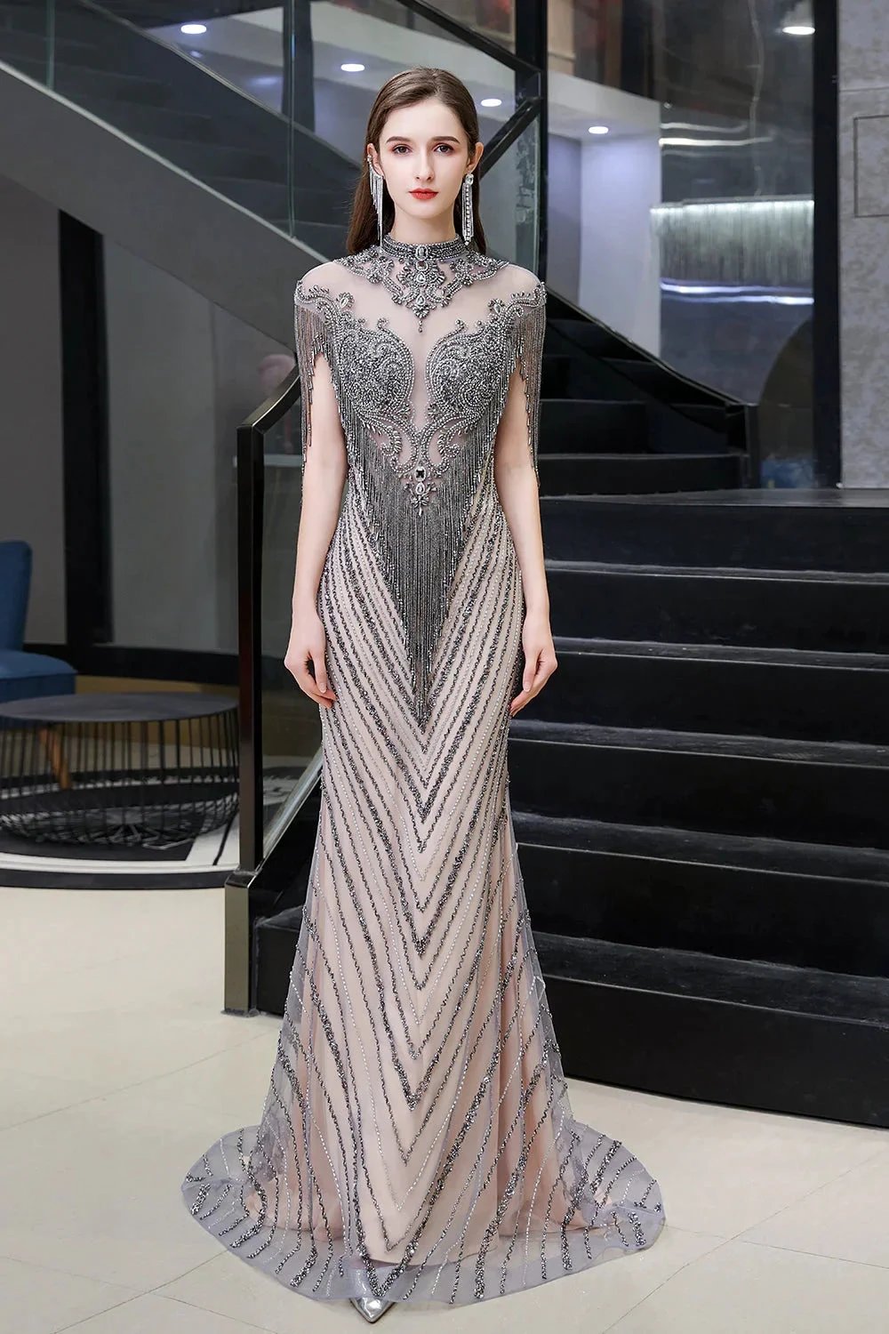 High Neck Cap sleeves Sparkle Beads Long Prom Dresses by BIZTUNNEL