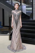 High Neck Cap sleeves Sparkle Beads Long Prom Dresses by BIZTUNNEL