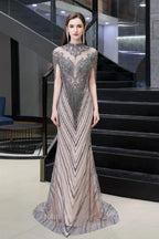 High Neck Cap sleeves Sparkle Beads Long Prom Dresses by BIZTUNNEL