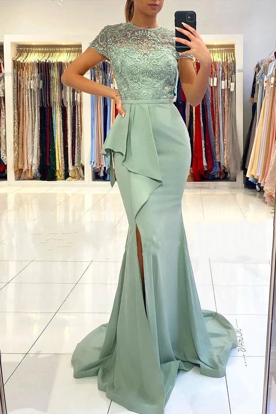 High neck Lace column Long Buttons Split Short sleeves Evening Dress by misshow.com