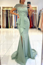 High neck Lace column Long Buttons Split Short sleeves Evening Dress by misshow.com