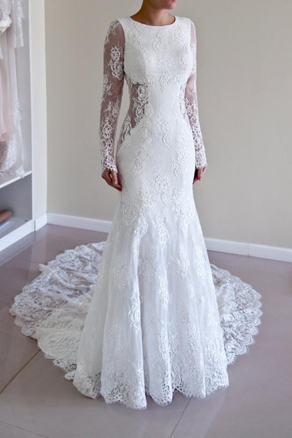 High Quality Scoop Open Back Mermaid Wedding Dress with Long Sleeves WD003