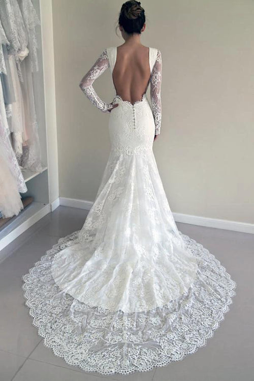 High Quality Scoop Open Back Mermaid Wedding Dress with Long Sleeves WD003 by pgmdress