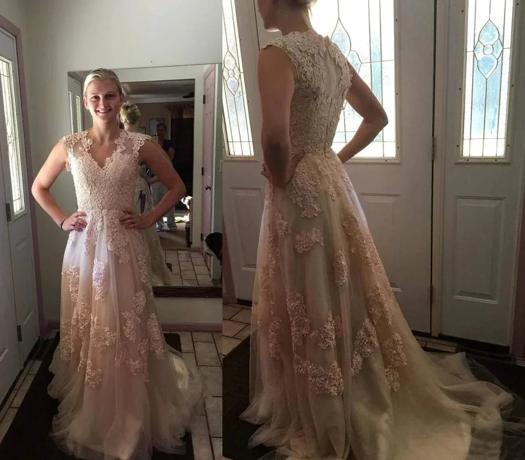 High Quality V-neck Sleeveless Floor-Length Wedding Dress with Lace WD015 by pgmdress