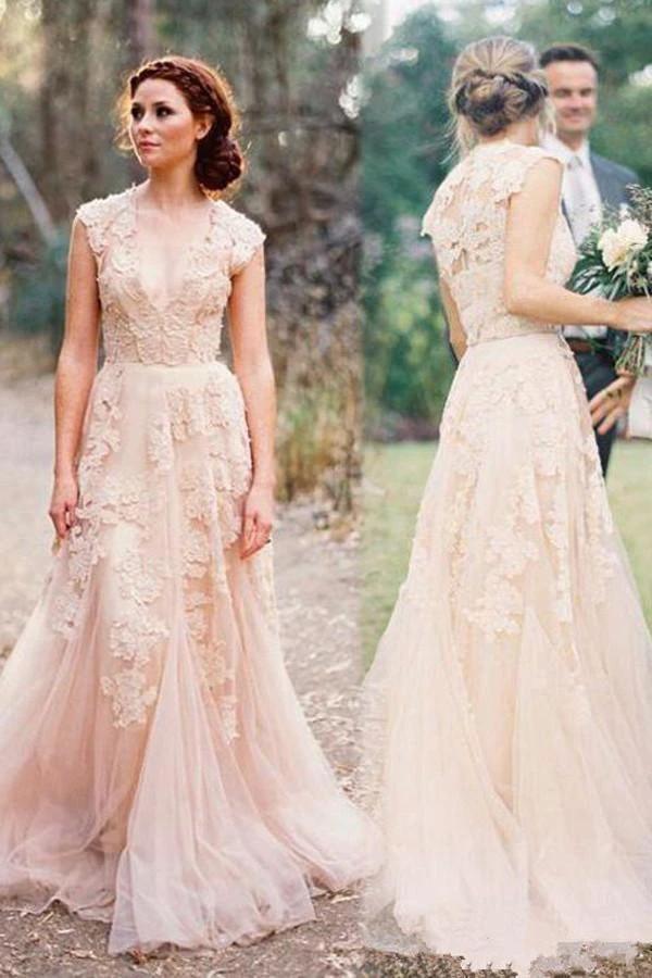 High Quality V-neck Sleeveless Floor-Length Wedding Dress with Lace WD015 by pgmdress