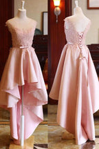 Pink High Low Scoop Lace Up Mid Back Satin Sleeveless Prom Dresses by Ombreprom