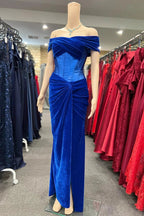 Holla | Royal Blue Velvet Off-the-Shoulder Twist-Knot Sheath Formal Gown by KissProm