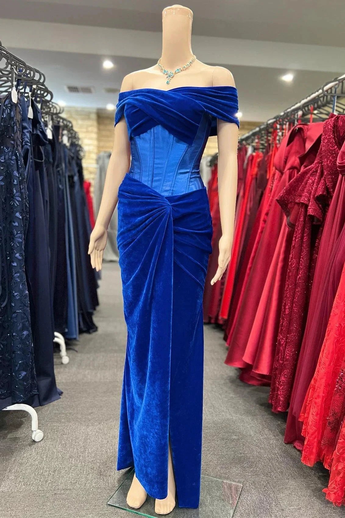Holla | Royal Blue Velvet Off-the-Shoulder Twist-Knot Sheath Formal Gown by KissProm