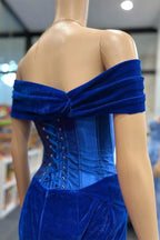 Holla | Royal Blue Velvet Off-the-Shoulder Twist-Knot Sheath Formal Gown by KissProm