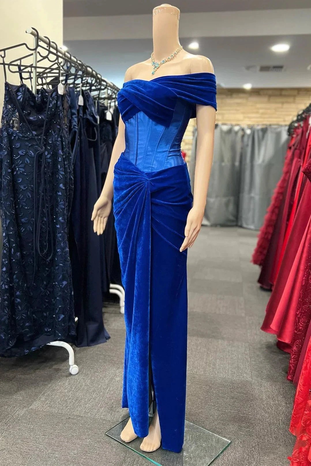 Holla | Royal Blue Velvet Off-the-Shoulder Twist-Knot Sheath Formal Gown by KissProm