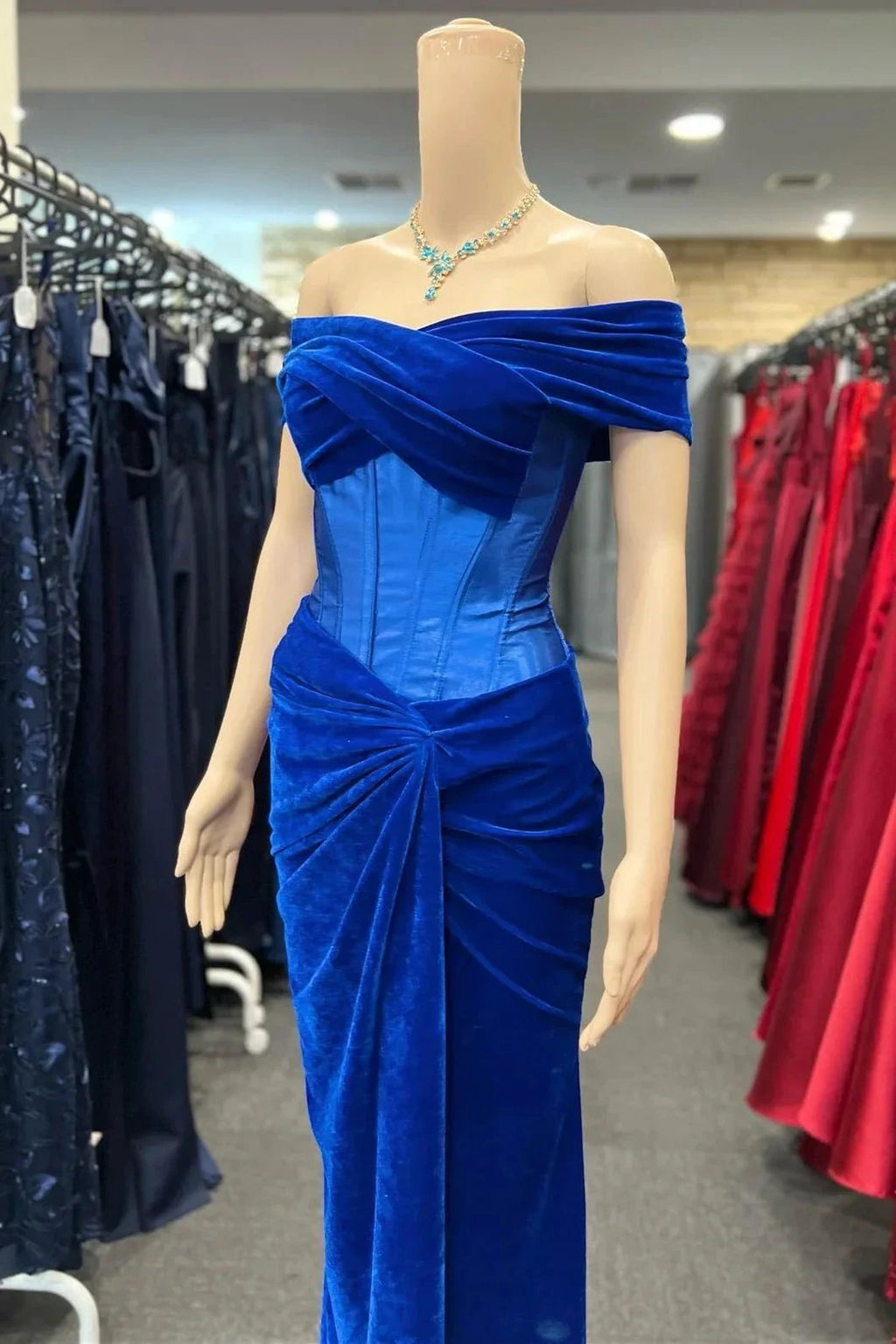 Holla | Royal Blue Velvet Off-the-Shoulder Twist-Knot Sheath Formal Gown by KissProm