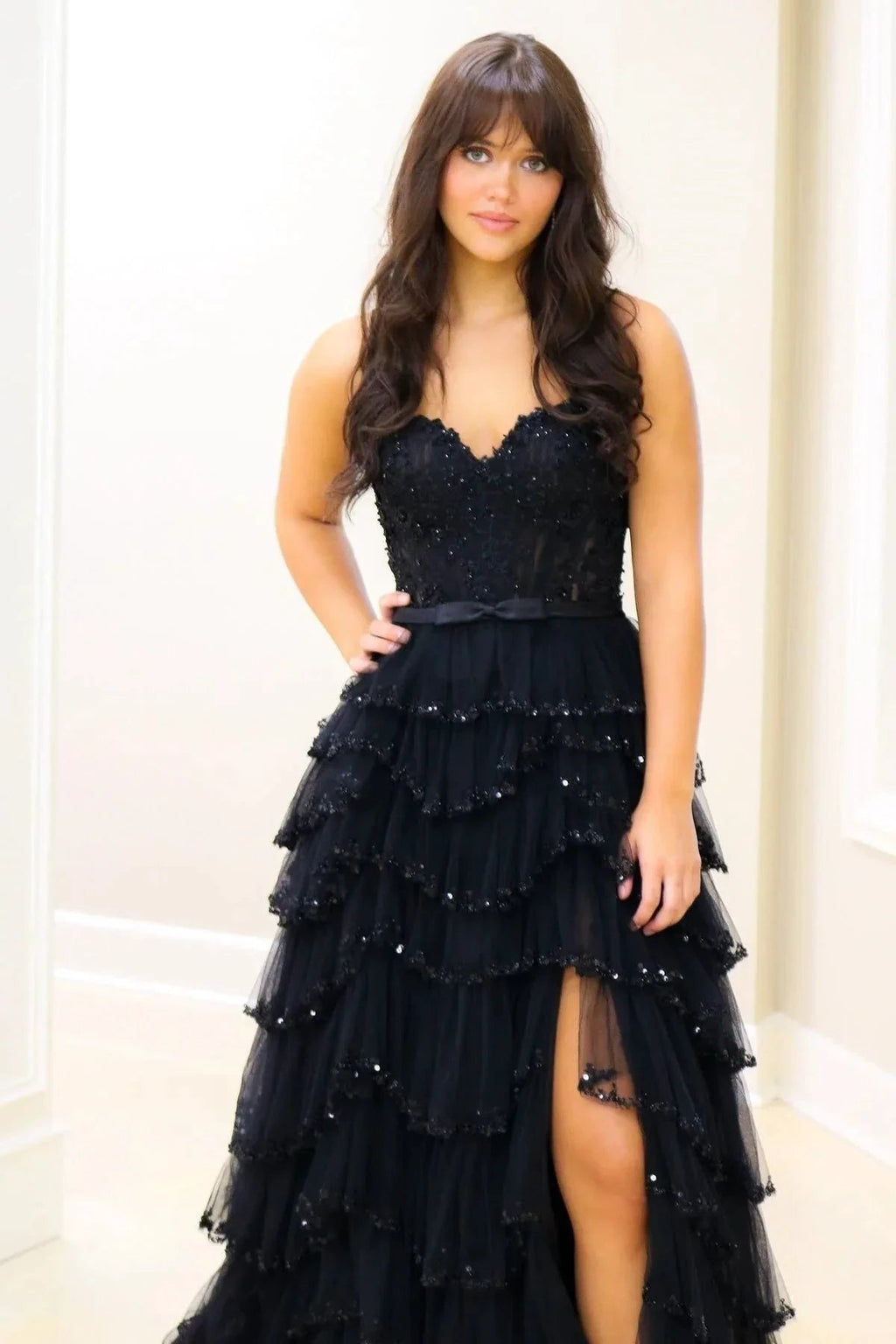 Rebekah | White Straps Floral Sequined Multi-Layers Long Prom Dress with Slit by KissProm