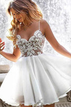 Homecoming Dress Lace Bodice Spaghetti Straps V Neck Mini Party Dresses PD420 by pgmdress