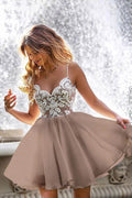 Homecoming Dress Lace Bodice Spaghetti Straps V Neck Mini Party Dresses PD420 by pgmdress