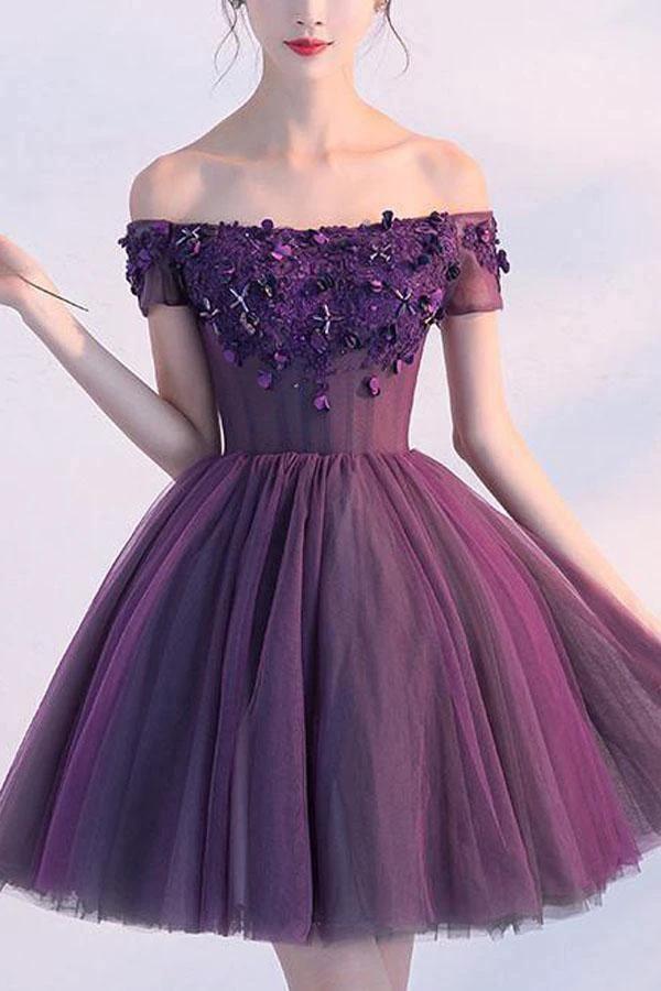 Homecoming Dress Purple Off-the-shoulder Short Prom Dress Party Dress PD354 by pgmdress