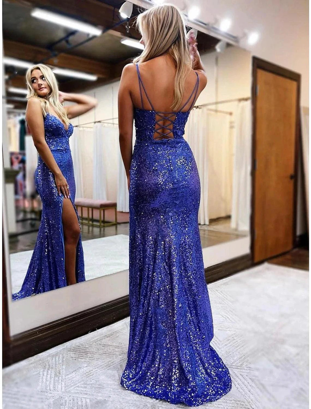 Mermaid Trumpet Prom Dresses Sparkle Shine Dress Formal Wedding Party Sweep Brush Train Sleeveless V Neck Sequined Backless with Glitter Sequin by Aabei
