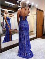 Mermaid Trumpet Prom Dresses Sparkle Shine Dress Formal Wedding Party Sweep Brush Train Sleeveless V Neck Sequined Backless with Glitter Sequin by Aabei