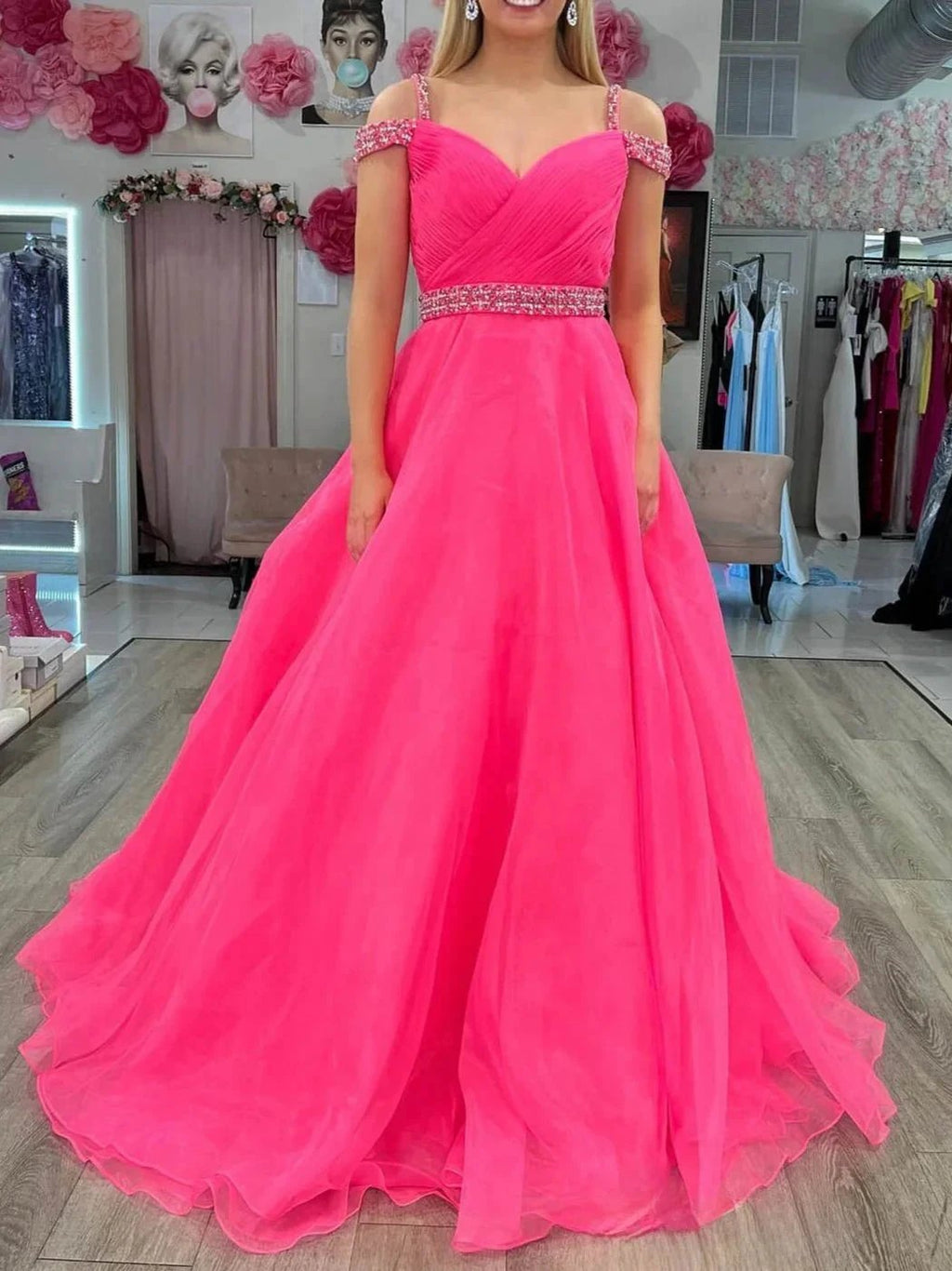 Hot Pink Beaded Cold-Shoulder A-Line Prom Dress by KissProm