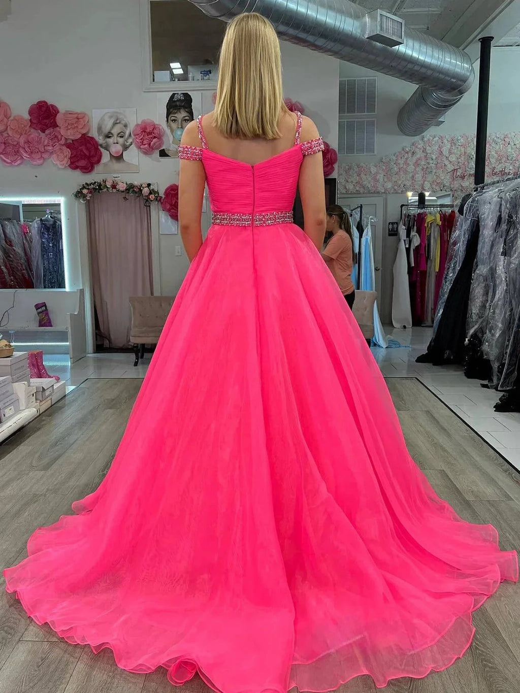 Hot Pink Beaded Cold-Shoulder A-Line Prom Dress by KissProm