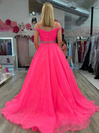 Hot Pink Beaded Cold-Shoulder A-Line Prom Dress by KissProm