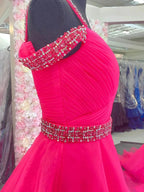 Hot Pink Beaded Cold-Shoulder A-Line Prom Dress by KissProm