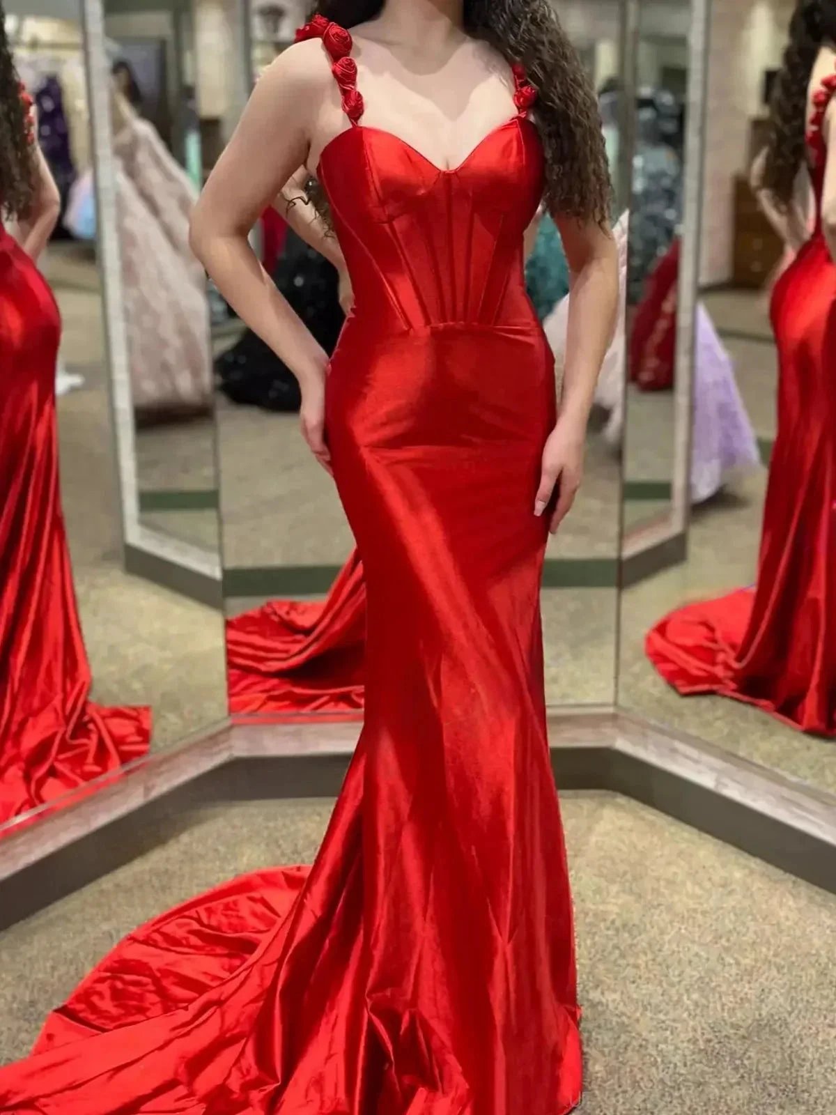 Persephone | Hot Pink Floral Straps Mermaid Satin Long Prom Dress by KissProm