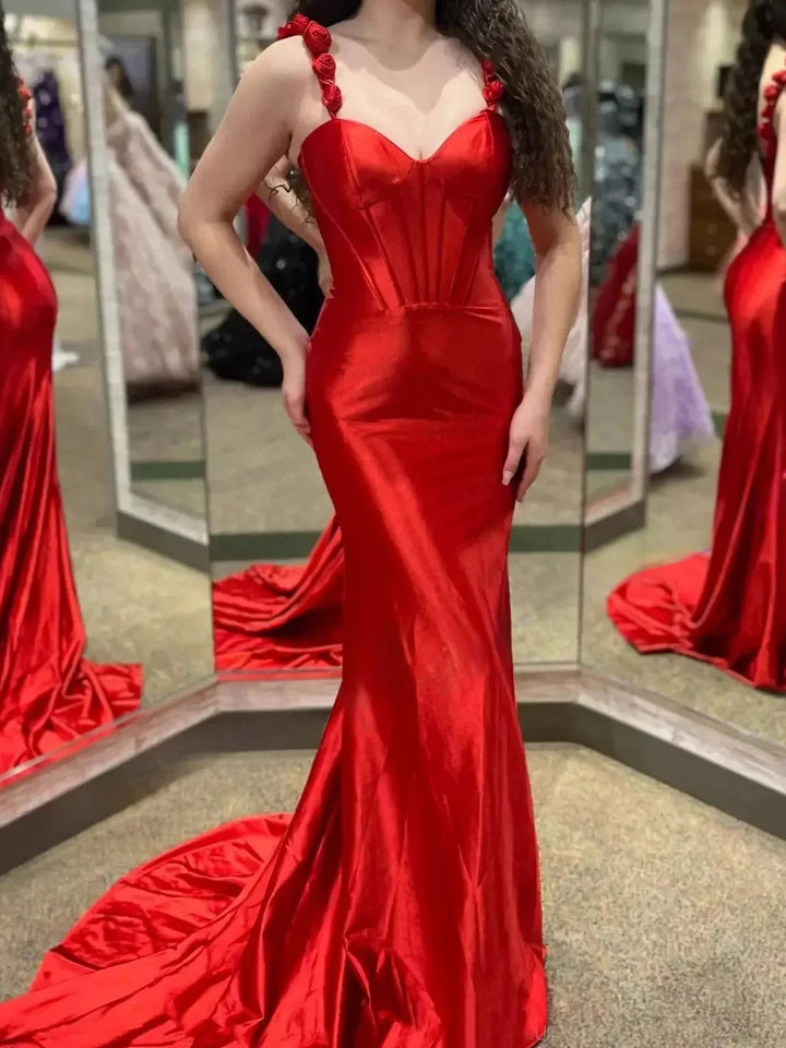 Persephone | Hot Pink Floral Straps Mermaid Satin Long Prom Dress by KissProm