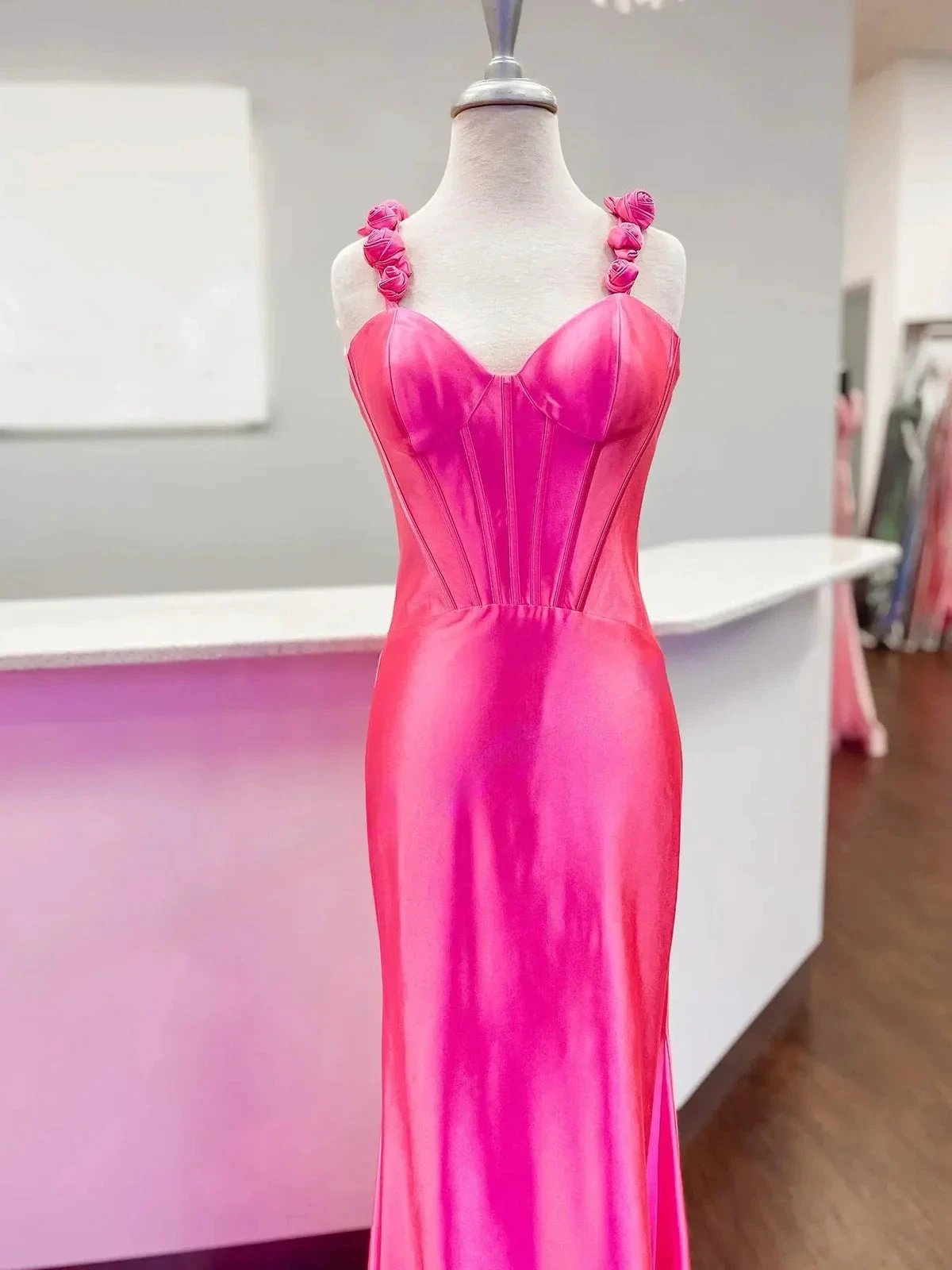 Persephone | Hot Pink Floral Straps Mermaid Satin Long Prom Dress by KissProm