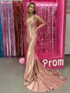 Persephone | Hot Pink Floral Straps Mermaid Satin Long Prom Dress by KissProm